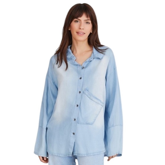 Venti 6 Rhinestone Blue Lyocell Star Back Button down Long Sleeve Shirt - Picture 3 of 6